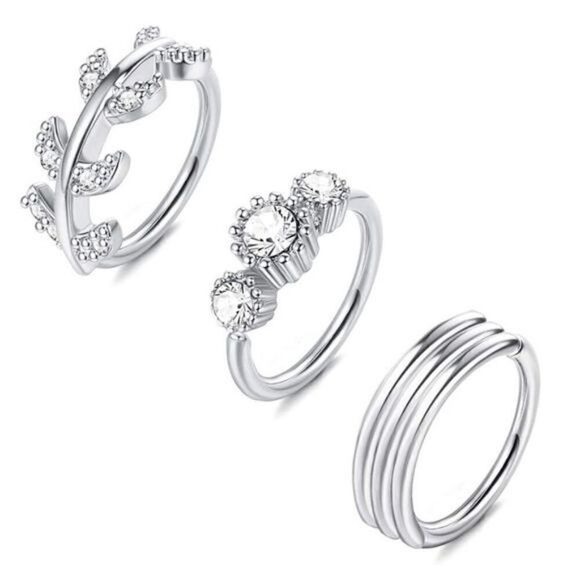 .925 Sterling Silver and Diamond Cubic Zirconia 20G Nose Hoop Rings - Set of 3 - Picture 1 of 5